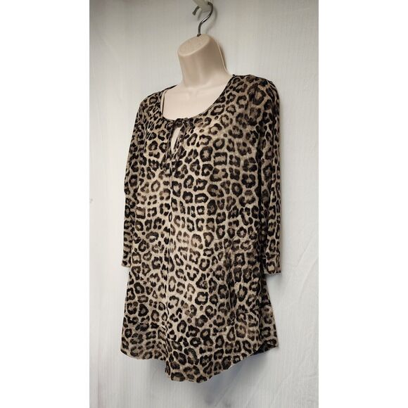 Chico's Leopard Animal Print 2 PC Sheer Tunic Blouse 3/4 Sleeve Color Brown L - Picture 3 of 12